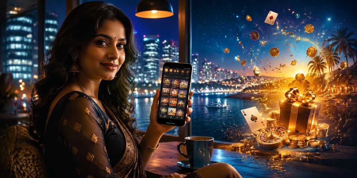 Mobile casino gaming in India with blue and gold theme