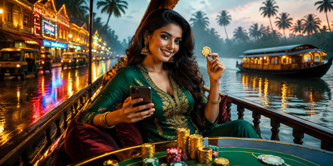 Woman playing Teen Patti on smartphone by Kerala backwaters